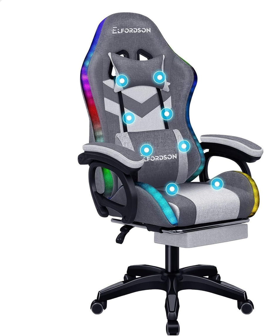 Gaming Chair RGB LED Light 8-Point Massage Recliner PC Office Desk Swivel White