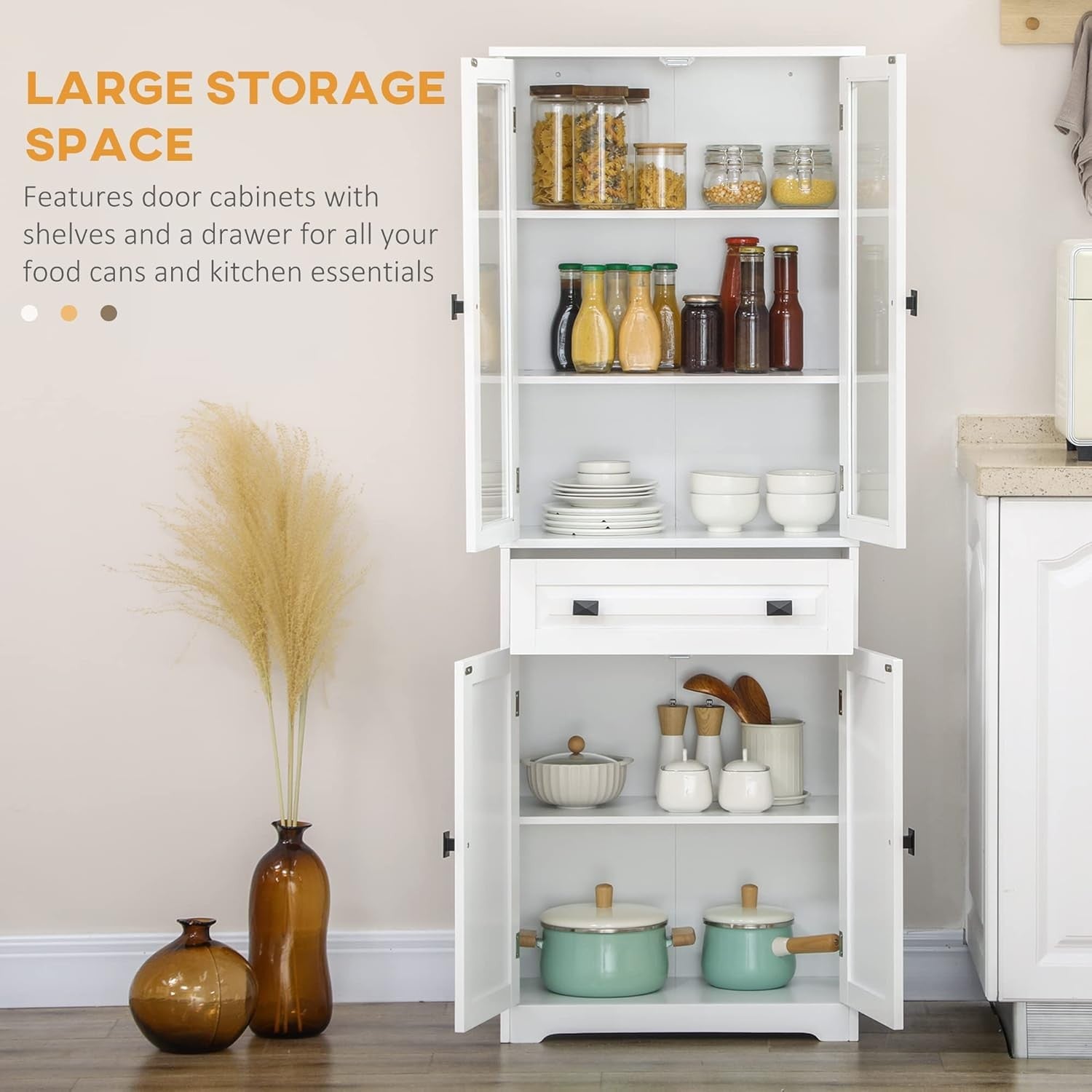 Tall White Kitchen Storage Cabinet Cupboard with Drawer & Glass Doors 160cm