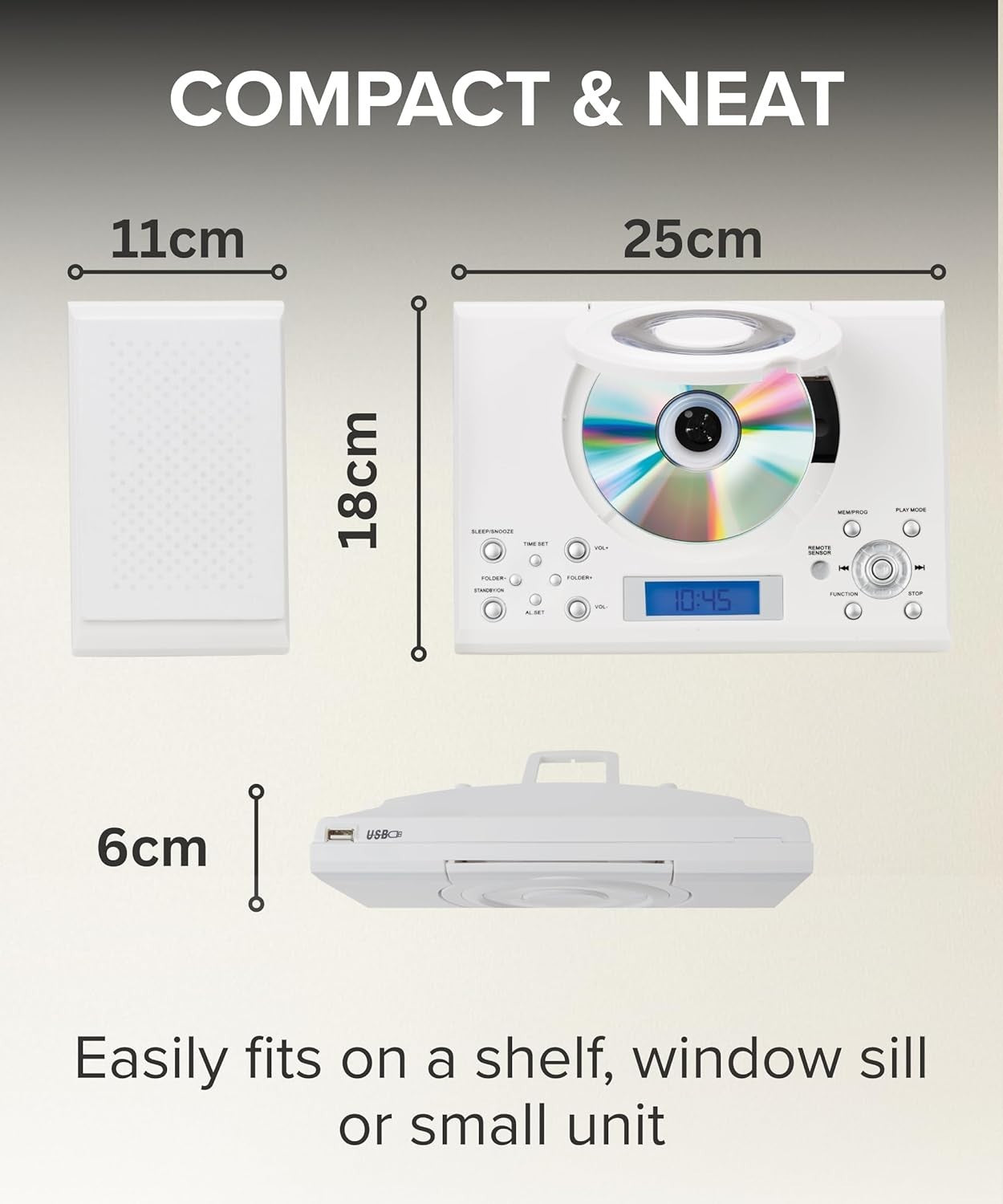 Wall Mount CD Player Stereo System USB MP3 FM Radio Alarm Remote Control White
