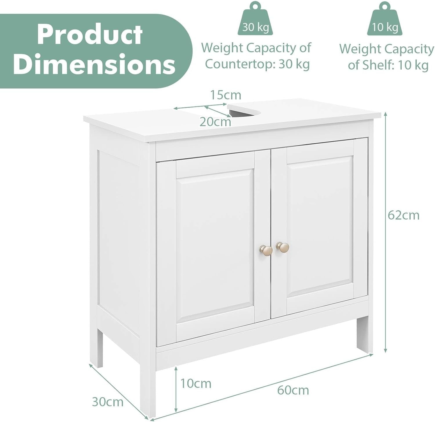 White Under Sink Bathroom Cabinet with Shelf & Long Legs – Freestanding Unit