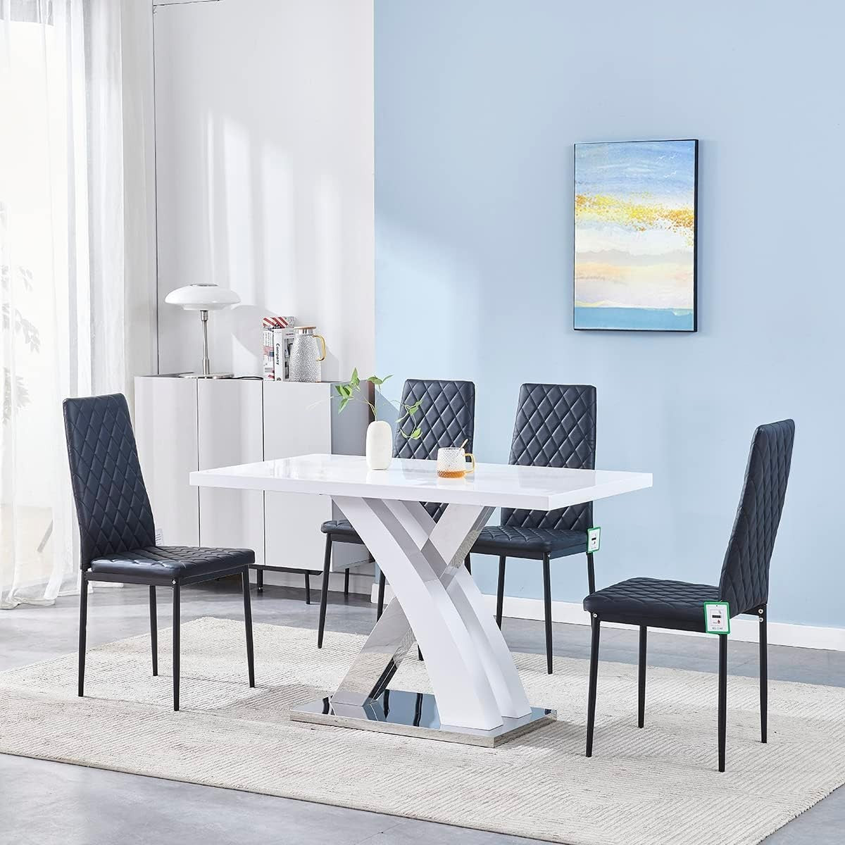 White High Gloss Extendable Dining Table 4 Black Chairs Modern Kitchen Set