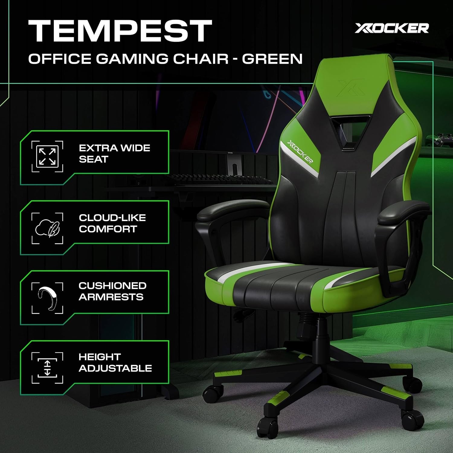 Ergonomic Gaming Chair High Back Wide Seat Green