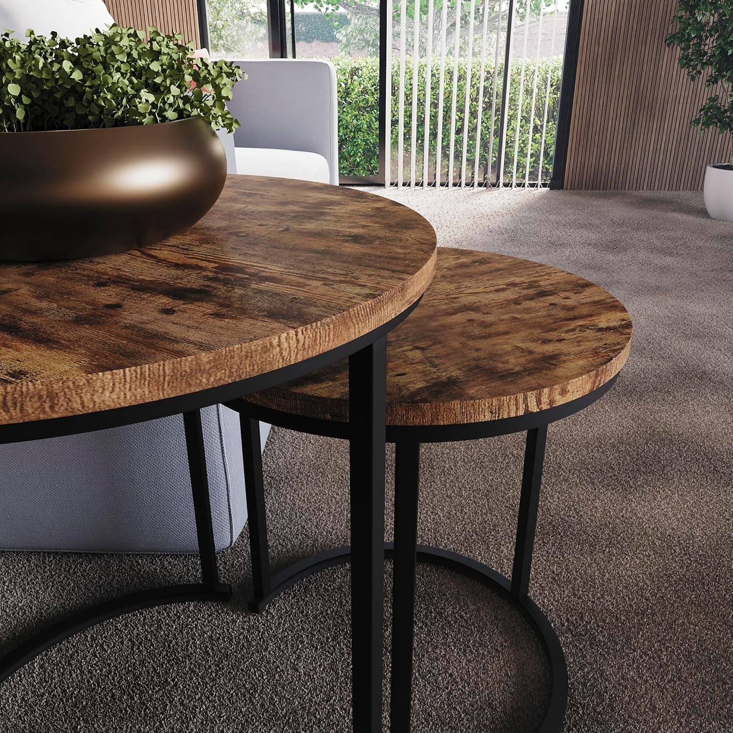 Set of 2 Industrial Nesting End Tables Wood Metal Frame Dark Coffee Side Modern