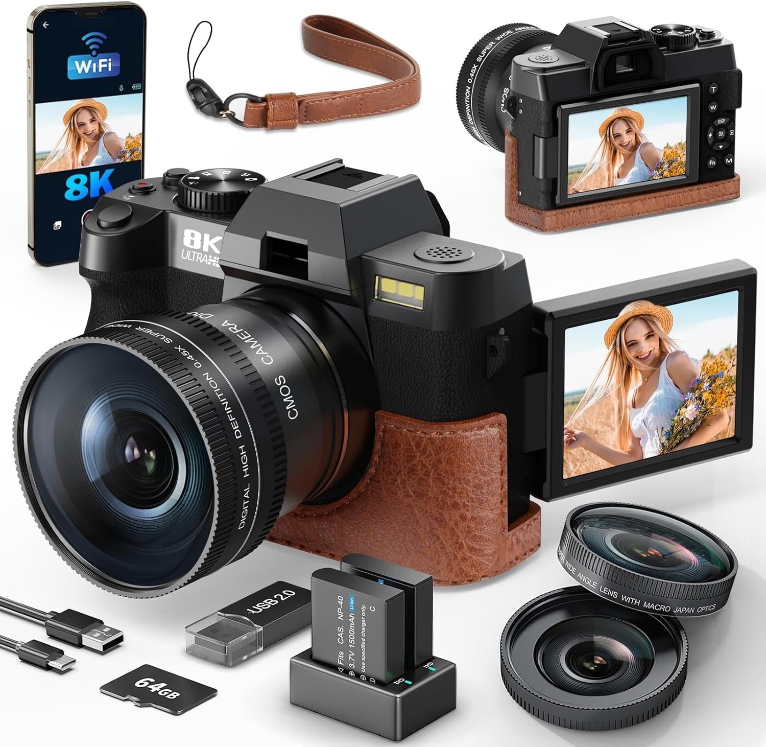 8K Digital Camera 64MP WiFi Vlogging Camera Flip Screen 16X Zoom