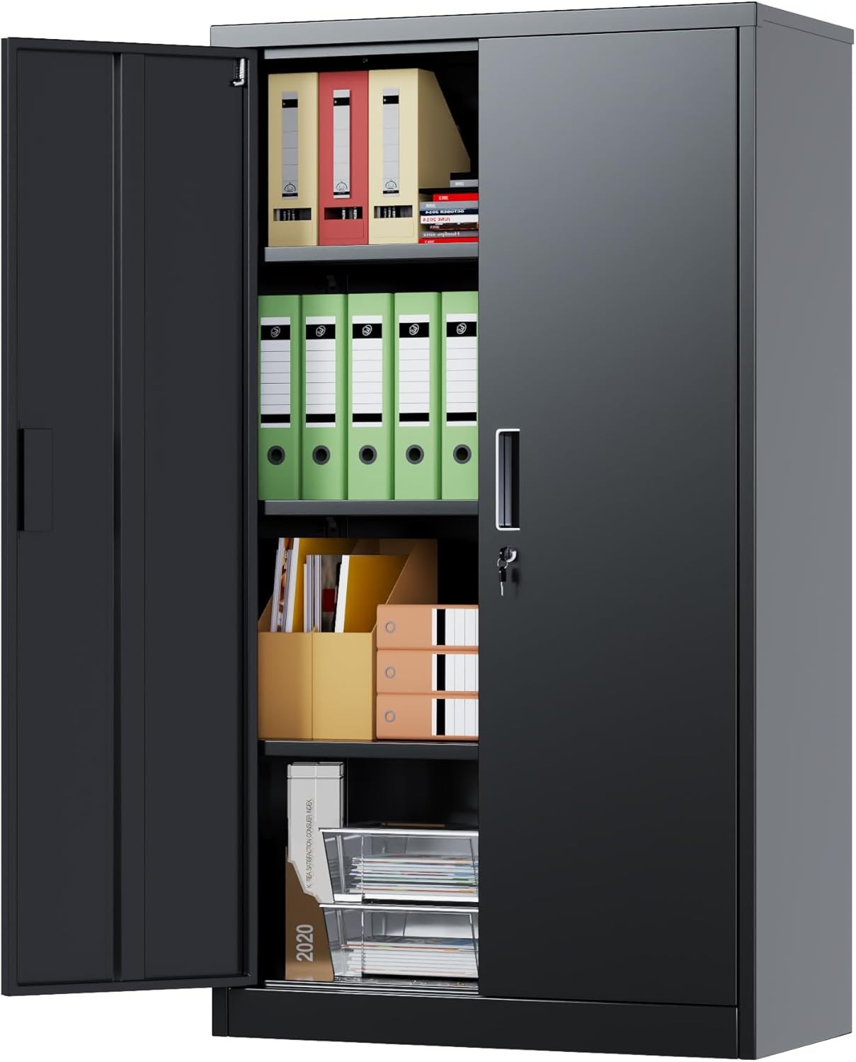 Metal Storage Cabinet 2 Doors 3 Adjustable Shelves Lockable Steel Cupboard Black
