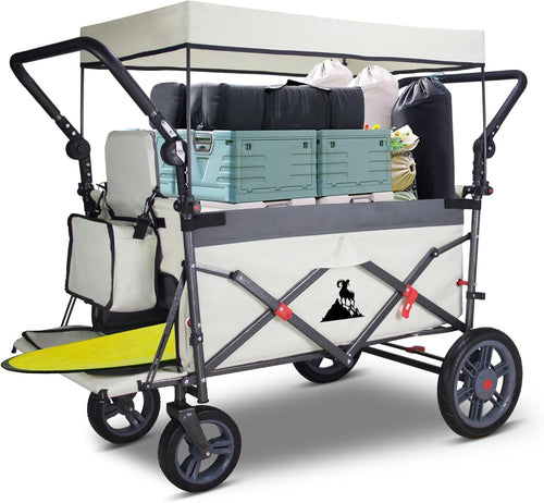 Grey/Beige Folding Wagon w/ Roof Brakes 120kg Heavy Duty Cart PU Tyres & Seats