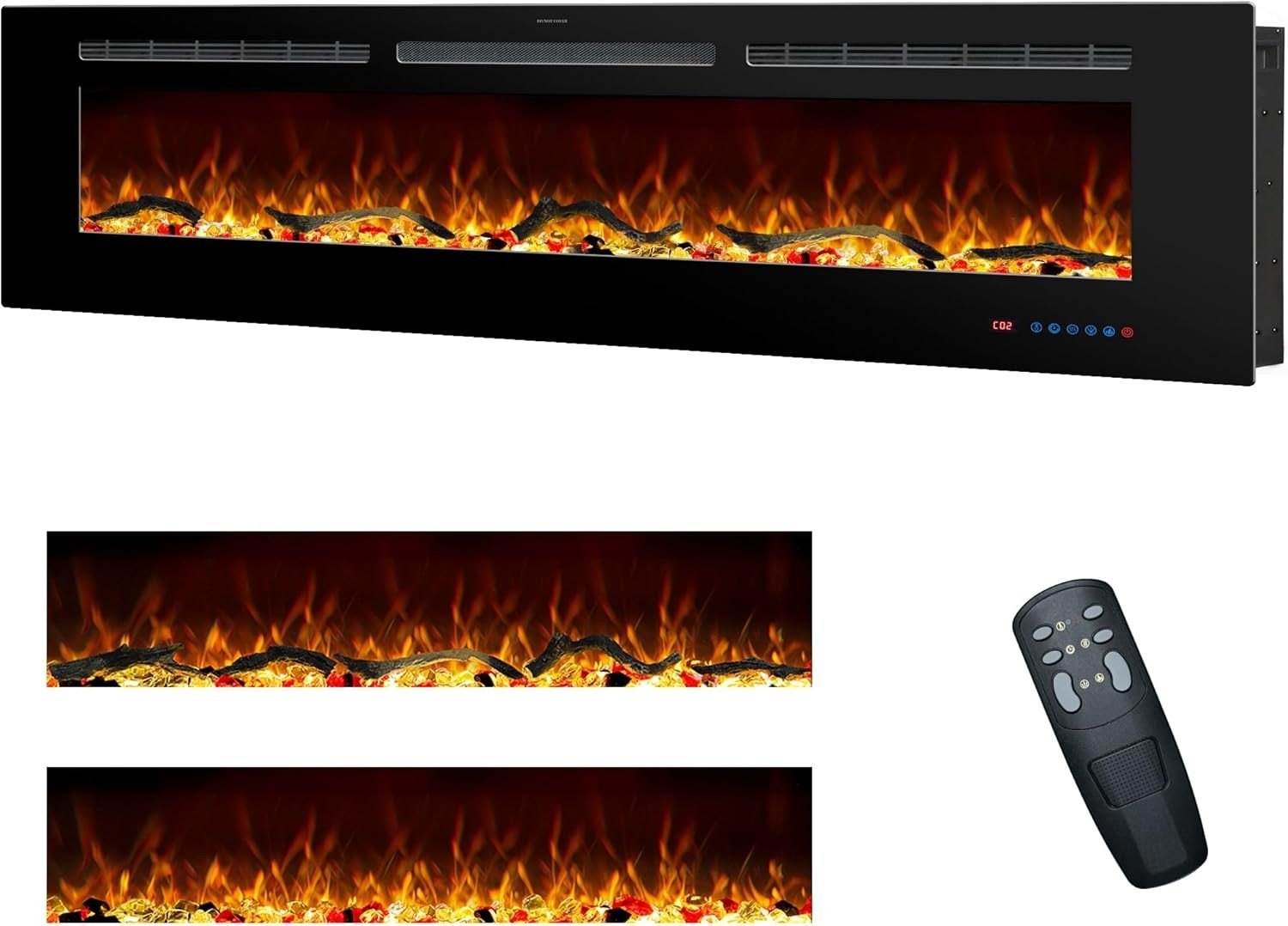 60" Wall Mounted Electric Fireplace Heater LED Log Flame Remote Timer