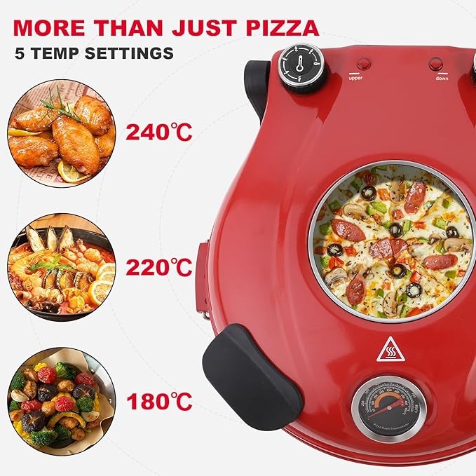 Electric Pizza Oven 31cm Stone 420°C Fast Cook 5 Temp Settings Red