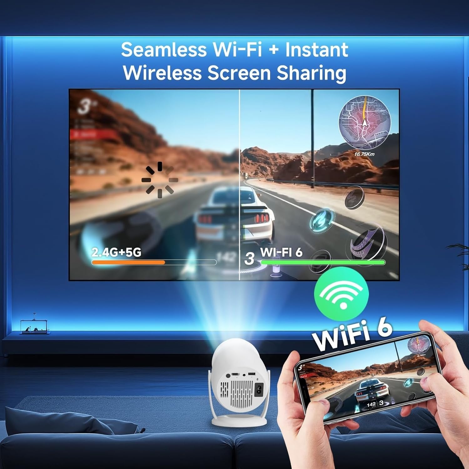 Smart 1080P Projector 4K WiFi 6 Bluetooth Netflix 240° Portable
