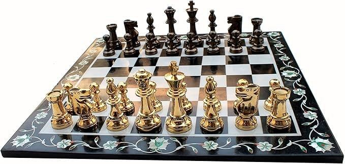 Luxury 15" Black & White Marble Chess Set – Pietra Dura Inlay + Brass Pieces