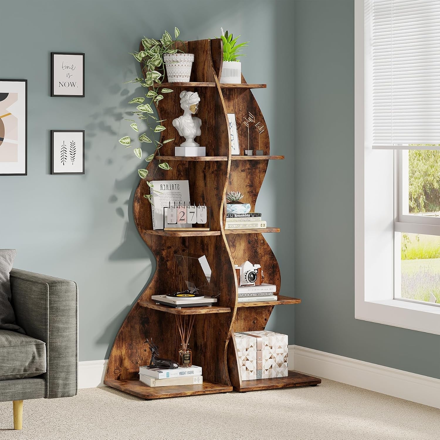 Rustic 5-Tier Wavy Corner Bookshelf | Stylish Slim Space-Saving Display Rack