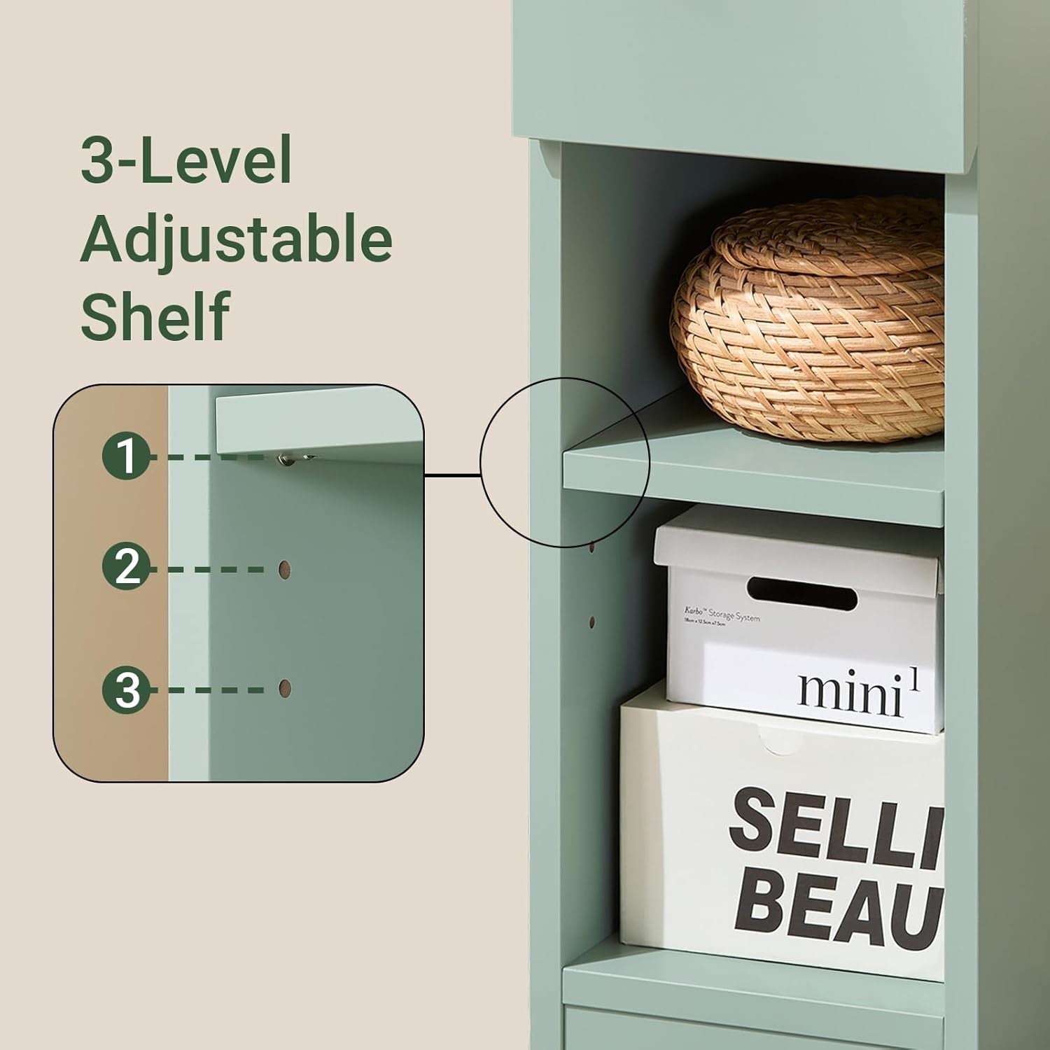Slim Green Bedside Table with Drawer & 2 Shelves | Modern Narrow Nightstand