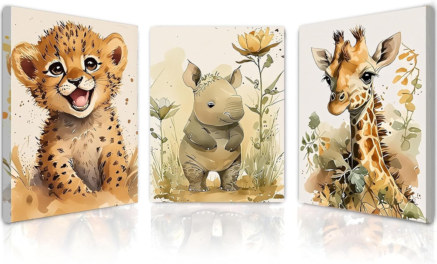 Safari Animal Canvas Wall Art Set of 3 Framed Prints 12x16 Kids Room Decor