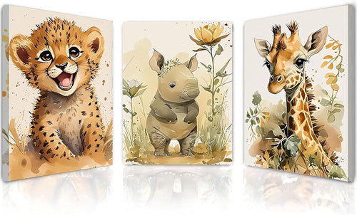 Safari Animal Canvas Wall Art Set of 3 Framed Prints 12x16 Kids Room Decor