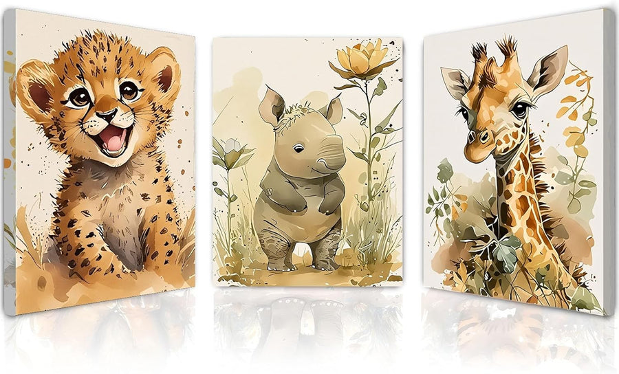 Safari Animal Canvas Wall Art Set of 3 Framed Prints 12x16 Kids Room Decor