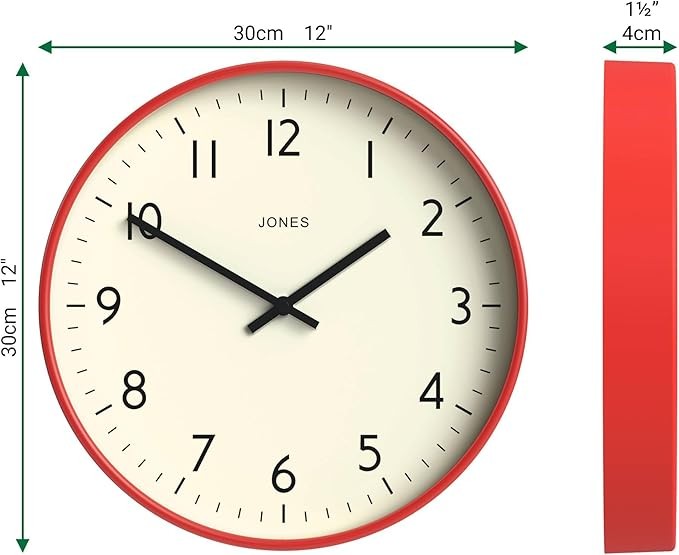 30cm Red Wall Clock Modern Silent Quartz Easy-Read Numbers Home Office Decor
