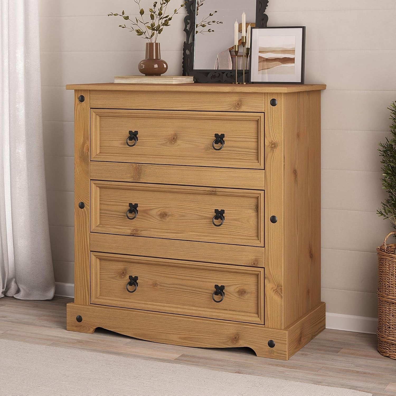 Solid Pine 3 Drawer Chest Wax Finish Rustic Wood Cabinet for Bedroom Hallway