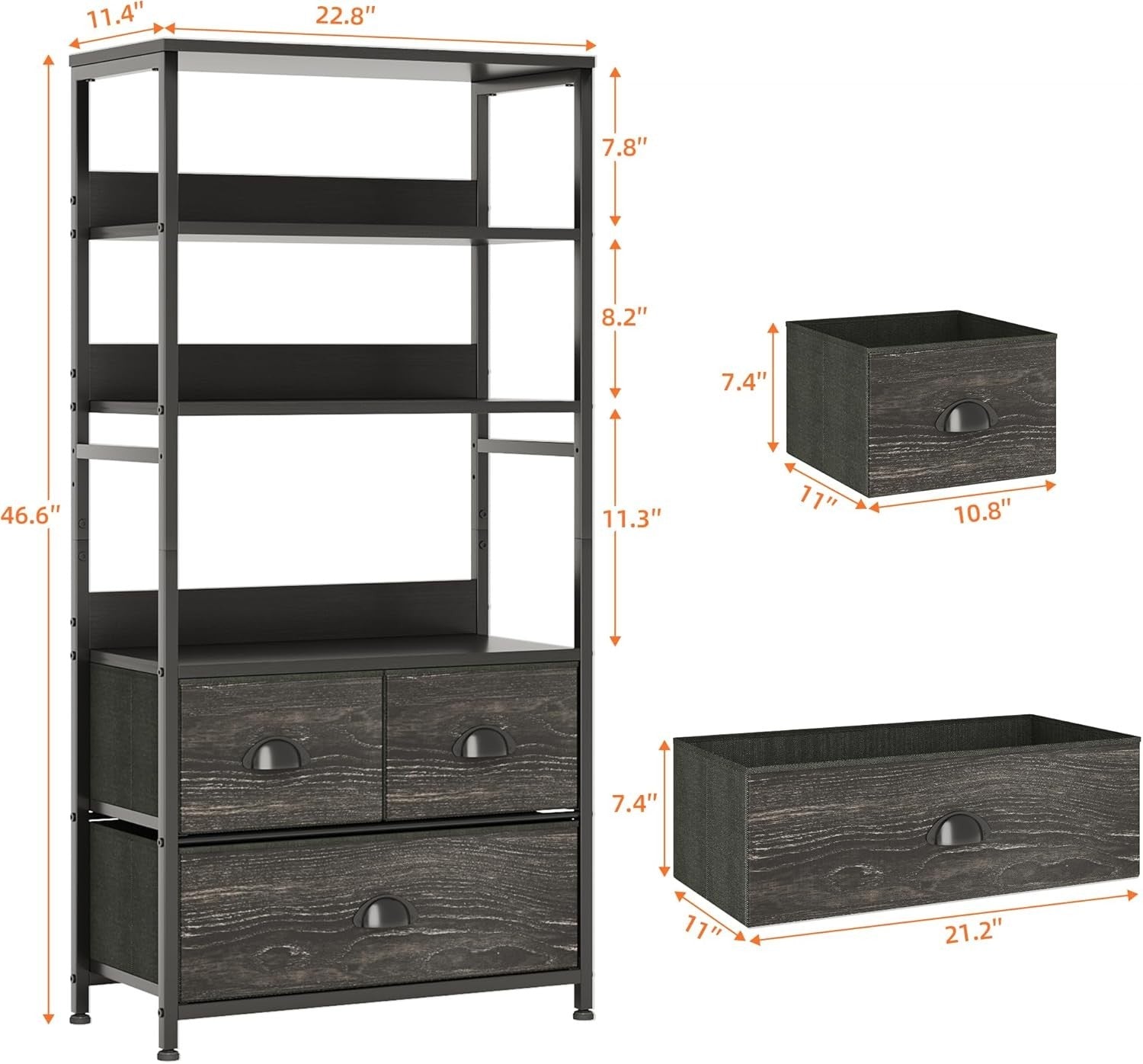 4 Tier Rustic Bookshelf with 3 Drawers Industrial Storage Cabinet Shelves Black