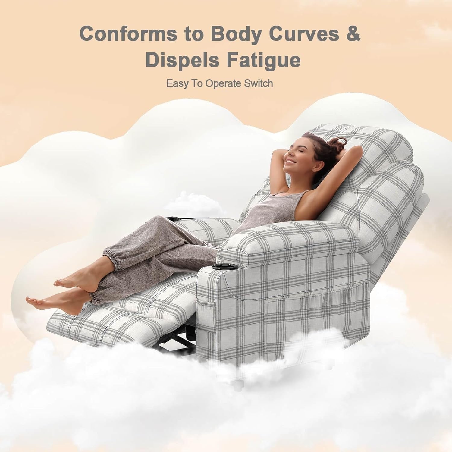 Power Lift Recliner Chair Massage Heat USB Type-C White Plaid Vinyl Cup Holders