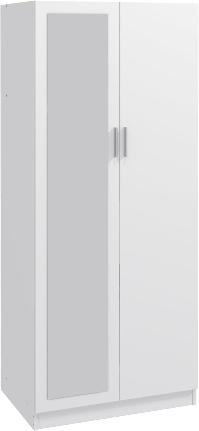 Tall White Mirrored Wardrobe 2 Door Closet Storage with Hanging Rail