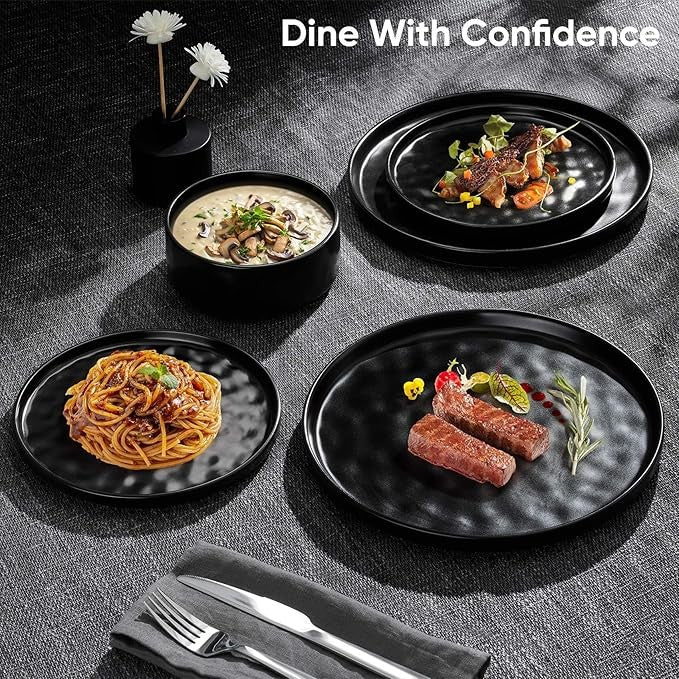 12pc Matte Black Stoneware Dinner Set Plates Bowls Modern Service for 4