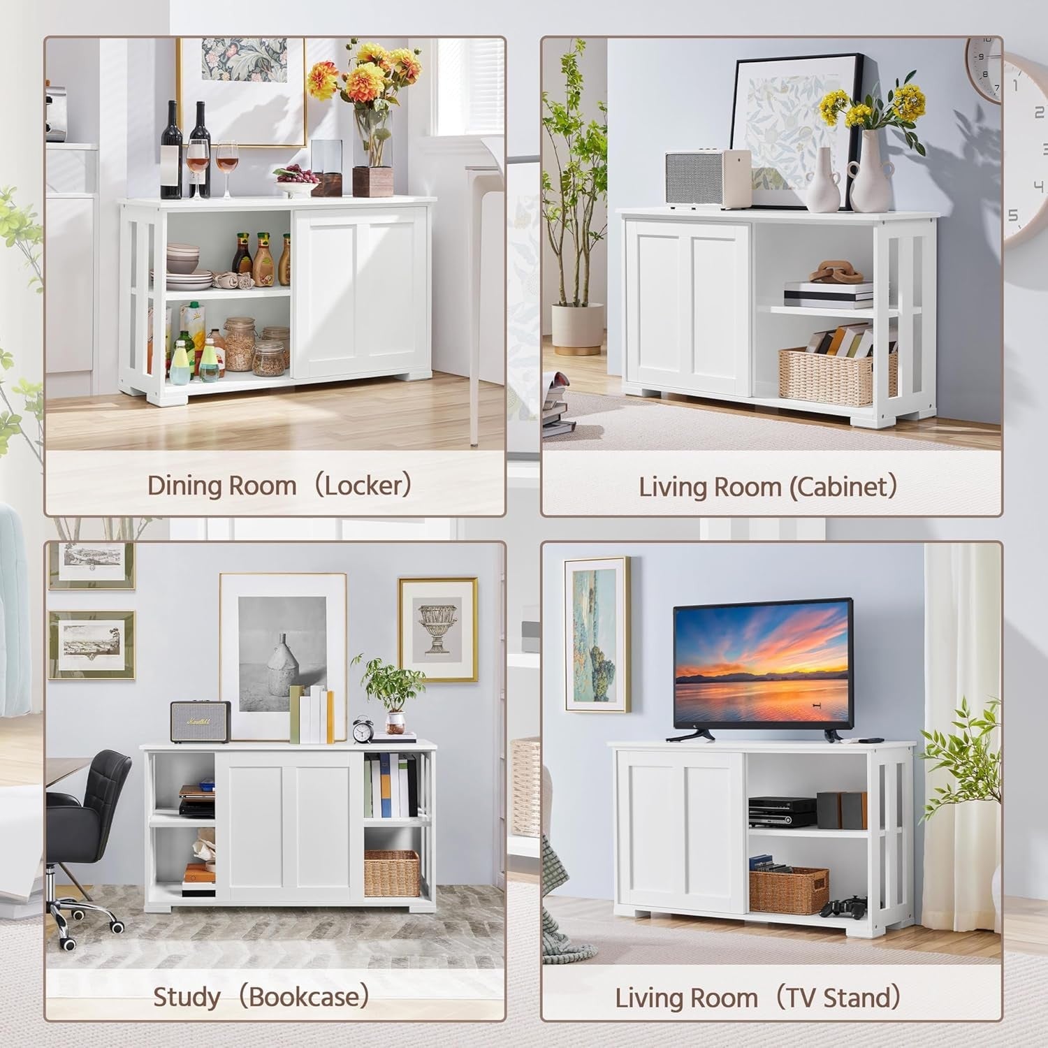 White Sideboard Buffet Cabinet | Sliding Door Storage Cupboard Adjustable Shelf