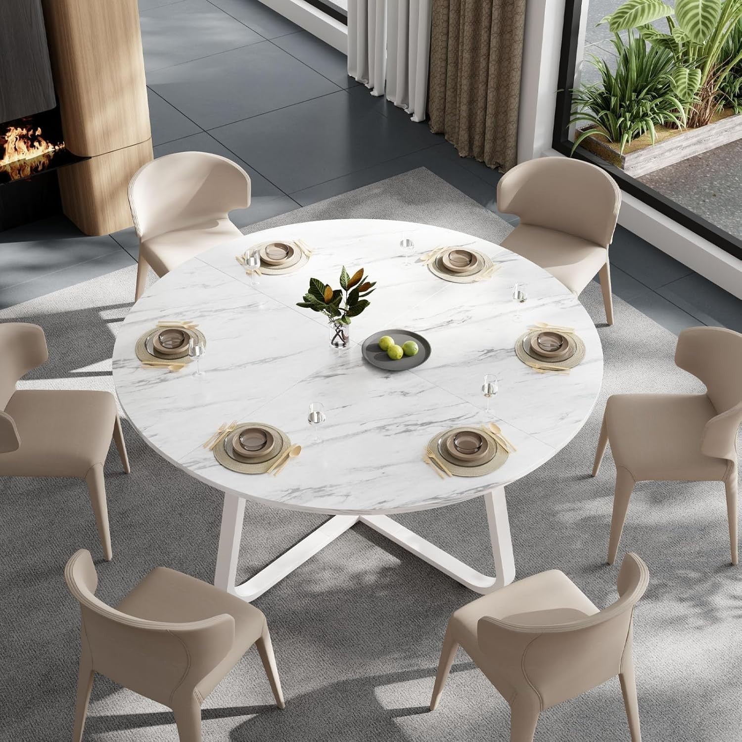 Round White Marble Dining Table 4-6 Seater Wood Metal Kitchen Home 130cm