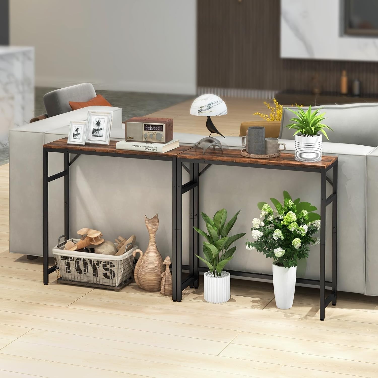 Narrow Sofa & Console Table 2-Tier Storage, Sturdy Wood & Metal, Multiuse