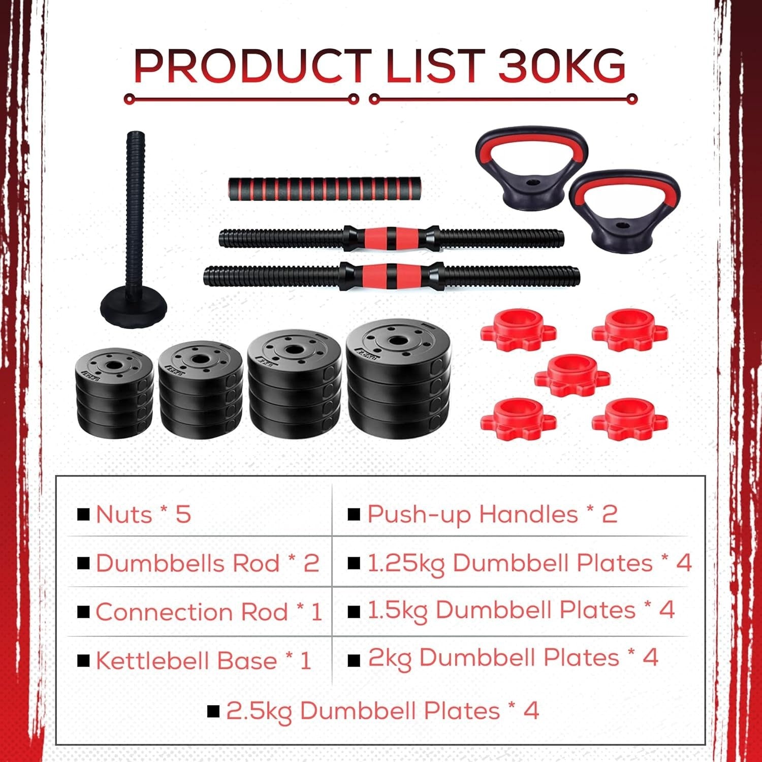 30kg Adjustable Dumbbells 6-in-1 Barbell Kettlebell Push Up Home Gym