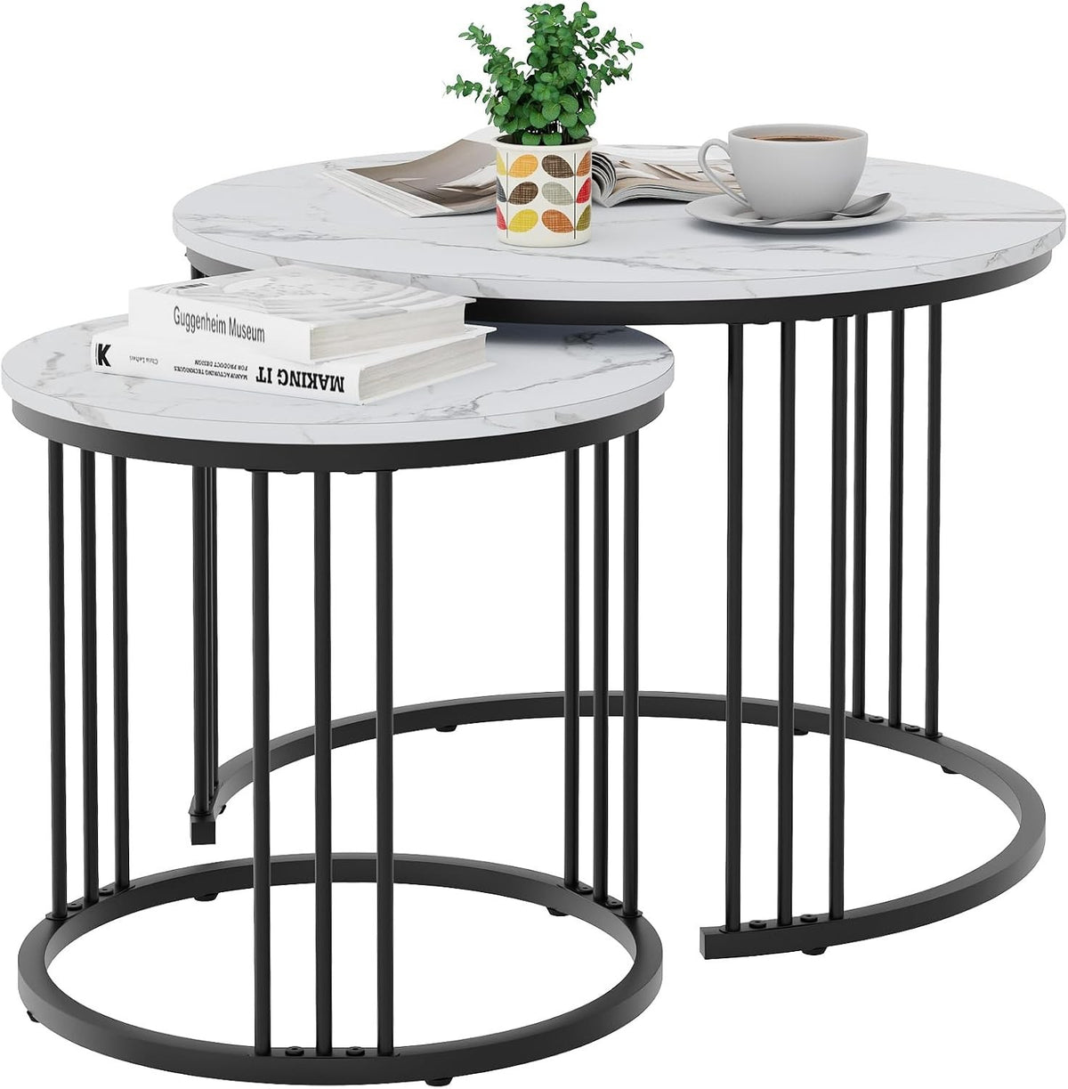 Space-Saving Nesting Coffee Tables Set of 2, Durable Metal Frame, Round Design