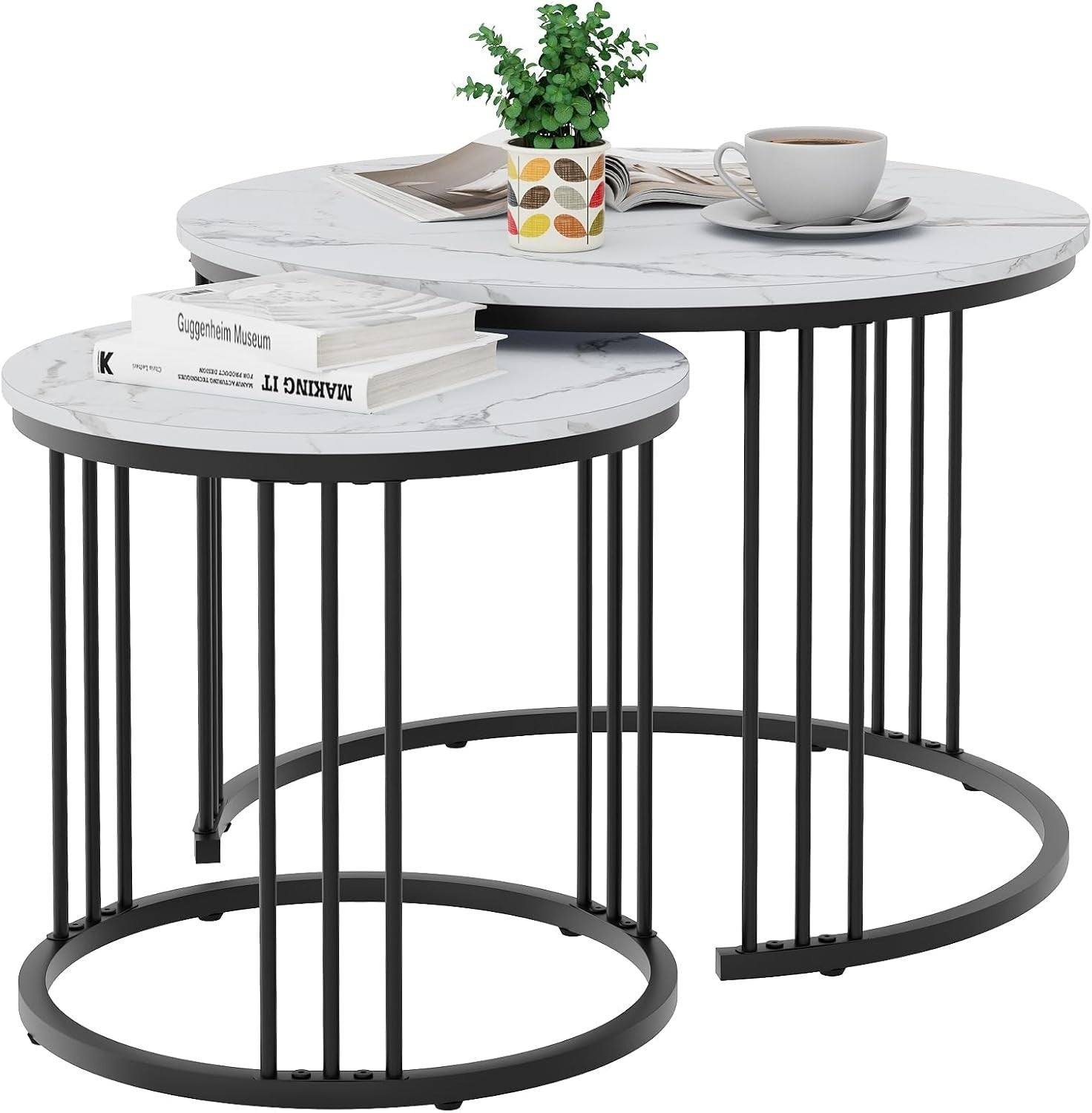 Space-Saving Nesting Coffee Tables Set of 2, Durable Metal Frame, Round Design