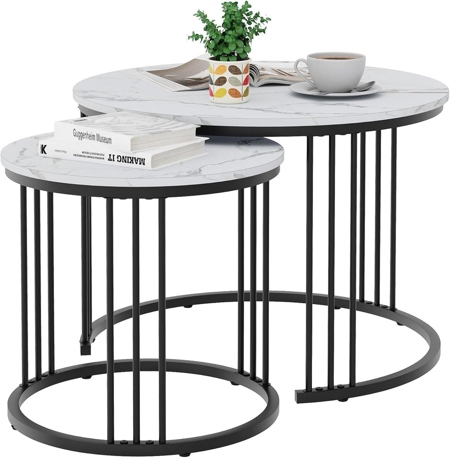 Space-Saving Nesting Coffee Tables Set of 2, Durable Metal Frame, Round Design