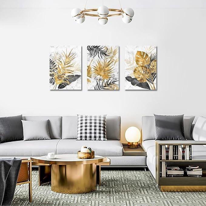 FajerminArt 3-Piece Modern Canvas Wall Art Marble Tropical Grey Gold Leaves 30x4