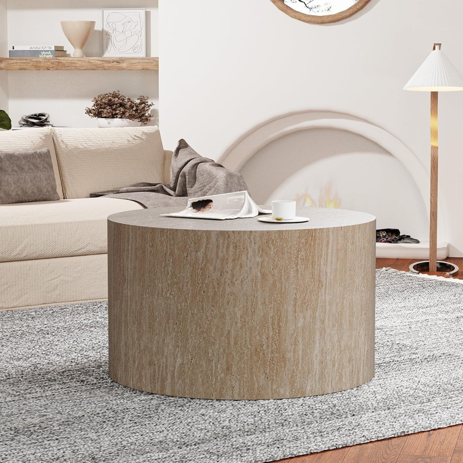 Round Nesting Coffee Table Set of 2 Modern Wood Side End Tables Living Room Beig