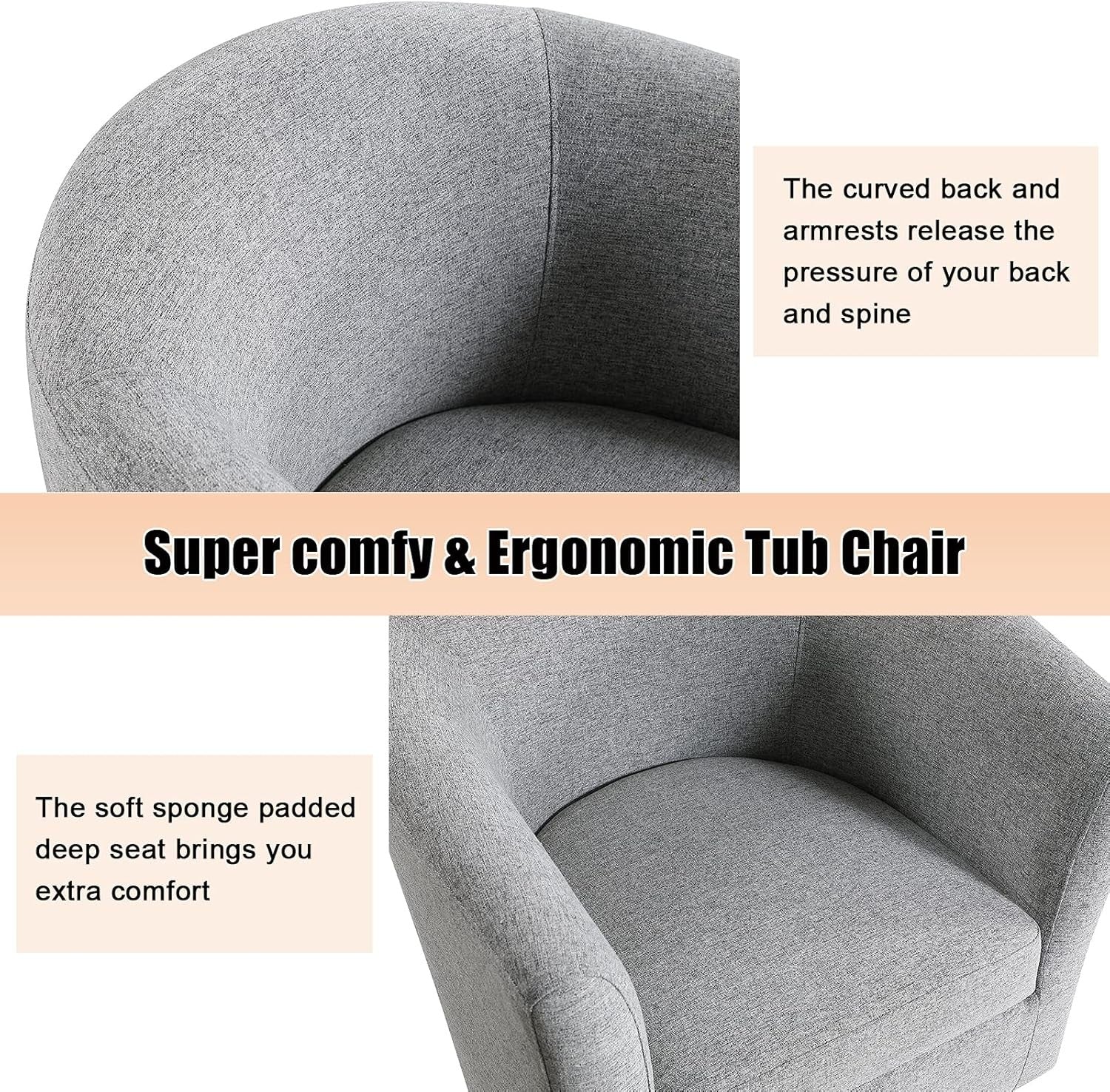 Grey Tub Chair & Footstool Set Linen Accent Armchair Lounge Seat