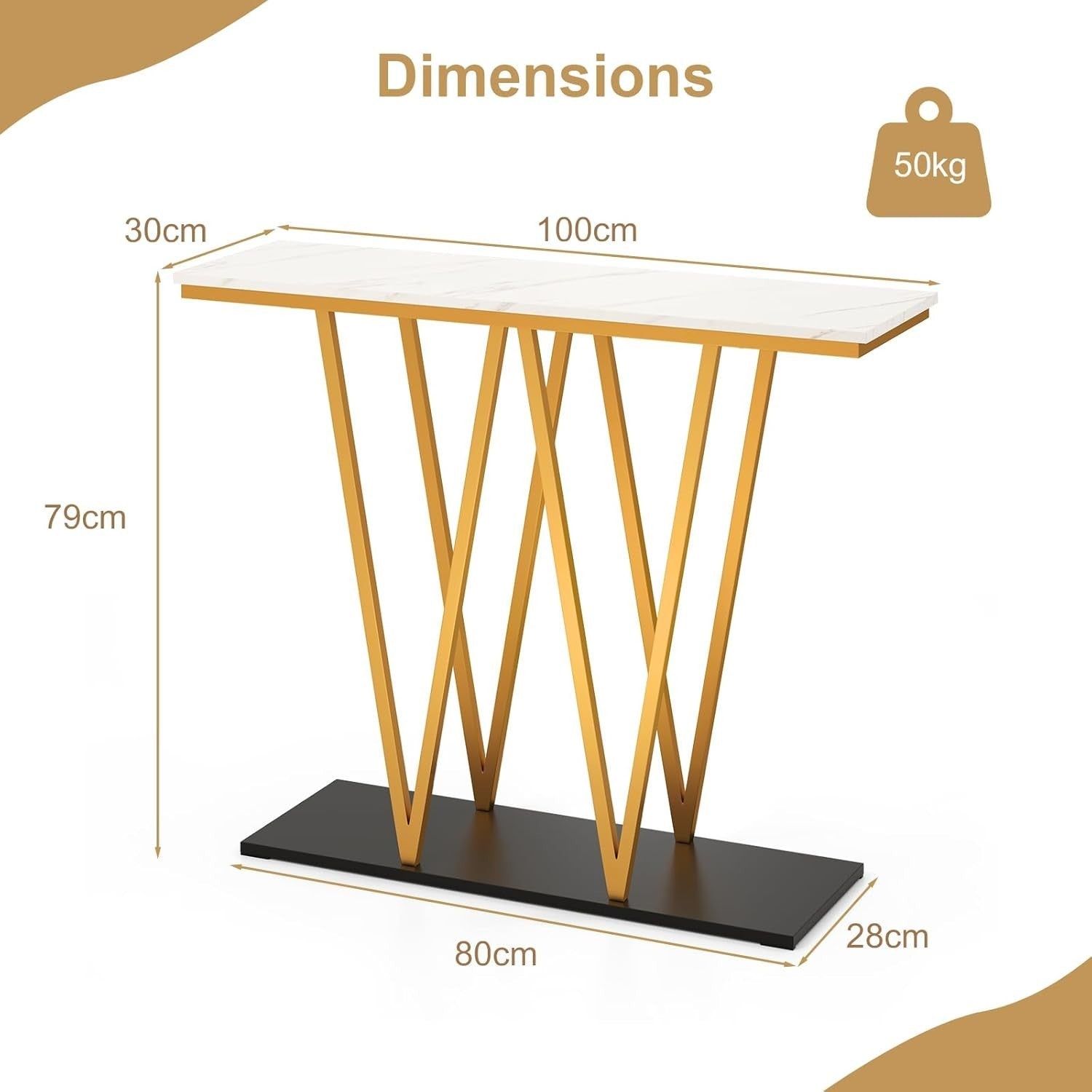 Faux Marble Console Table Slim Entryway Gold Metal Frame 100x30x79cm