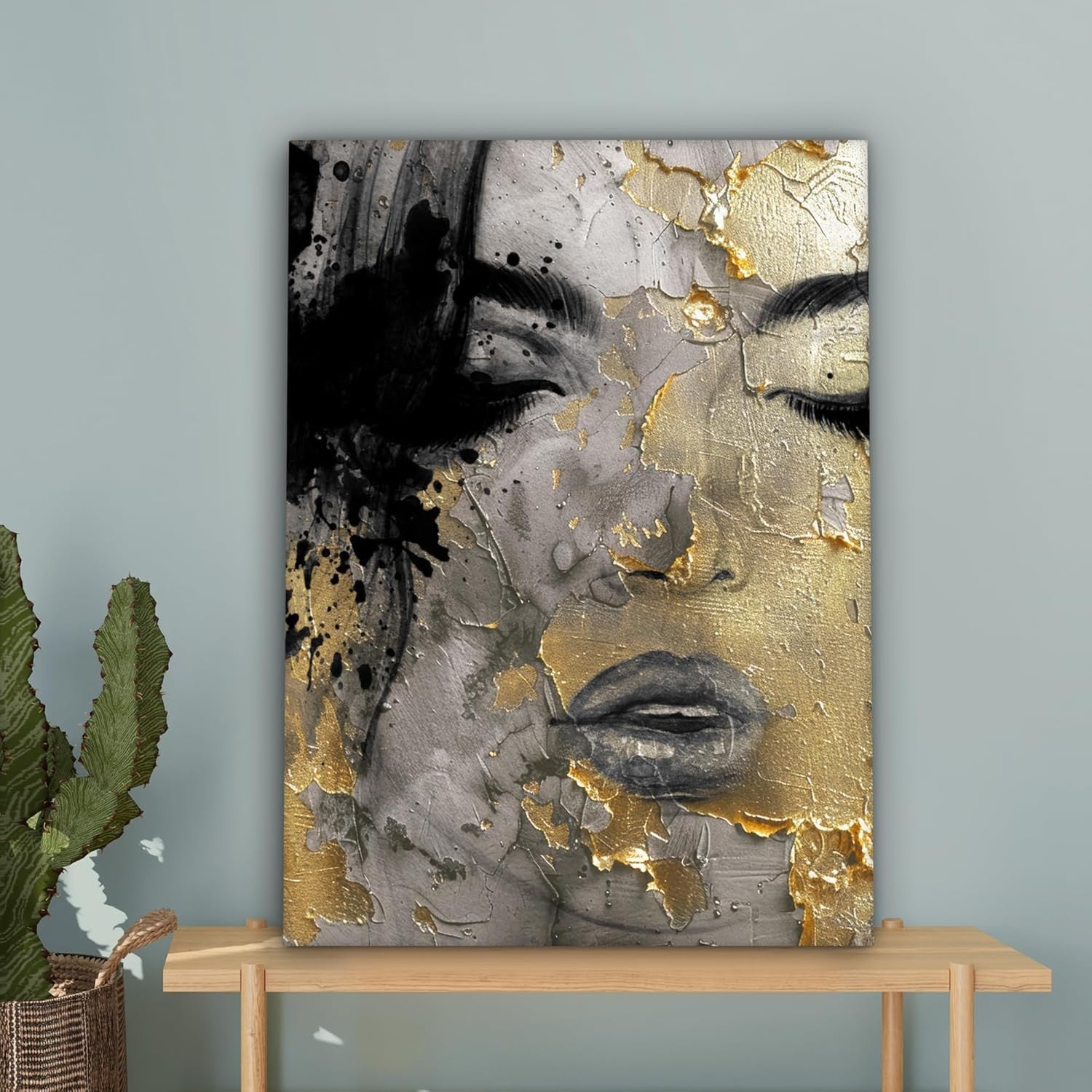 Abstract Woman Canvas Wall Art 60x80cm Framed Gold Black