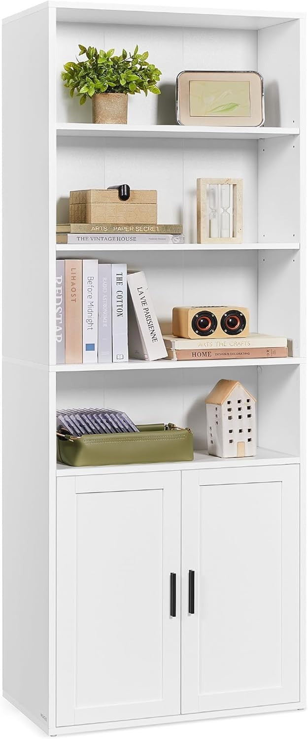 6-Tier White Bookshelf with Doors, Adjustable Shelves, 24x60x175 cm Storage Unit