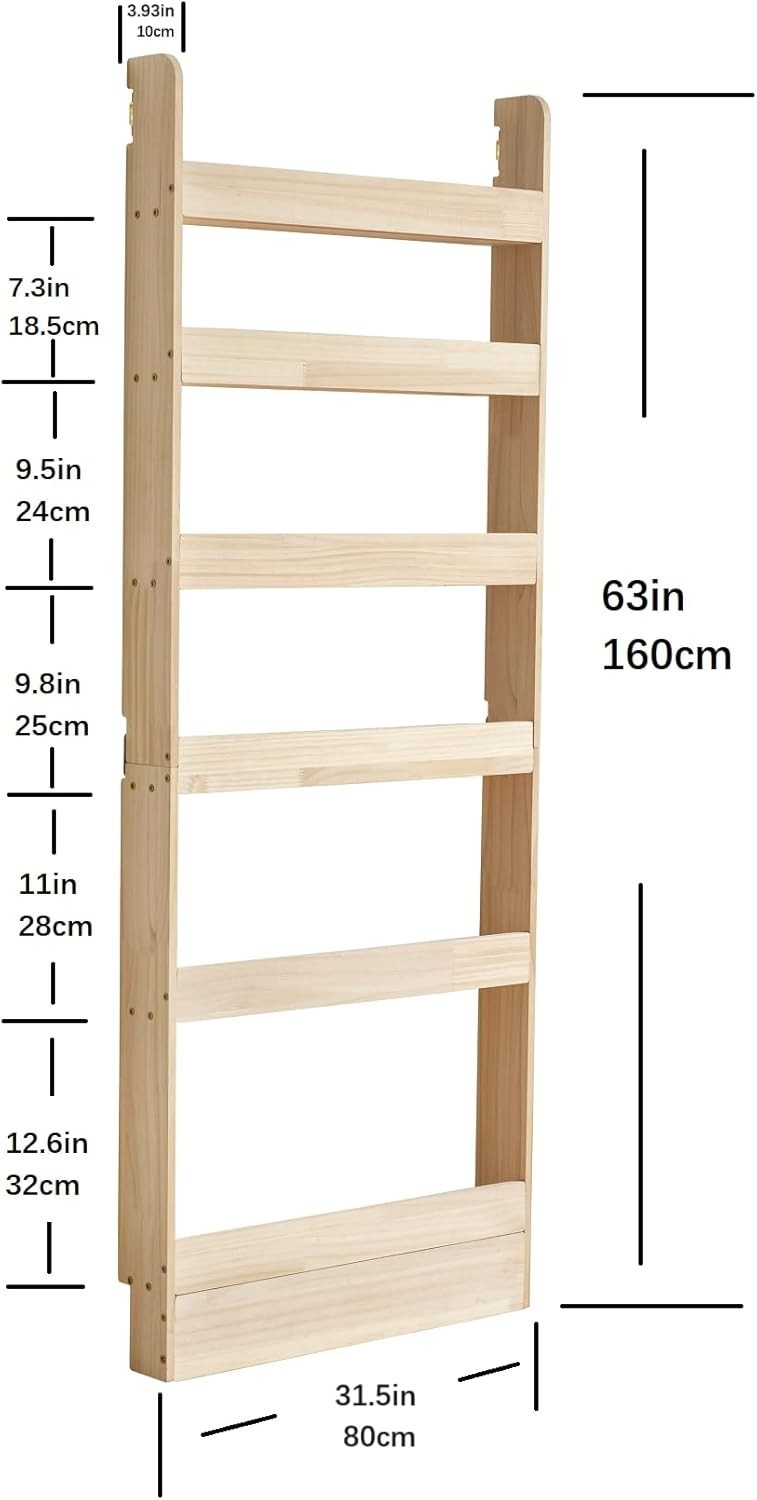 Space-Saving Solid Pine Wood Bookshelf 6-Tier Wall Mounted Book Rack