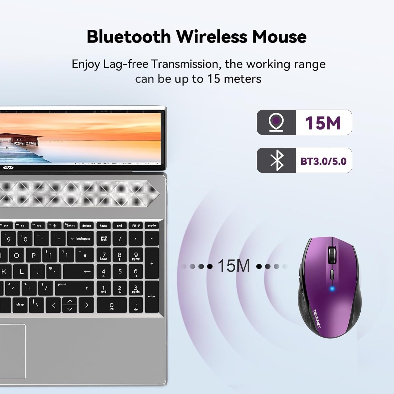 Wireless Bluetooth Mouse 4800DPI Ergonomic Silent Click Long Battery Purple