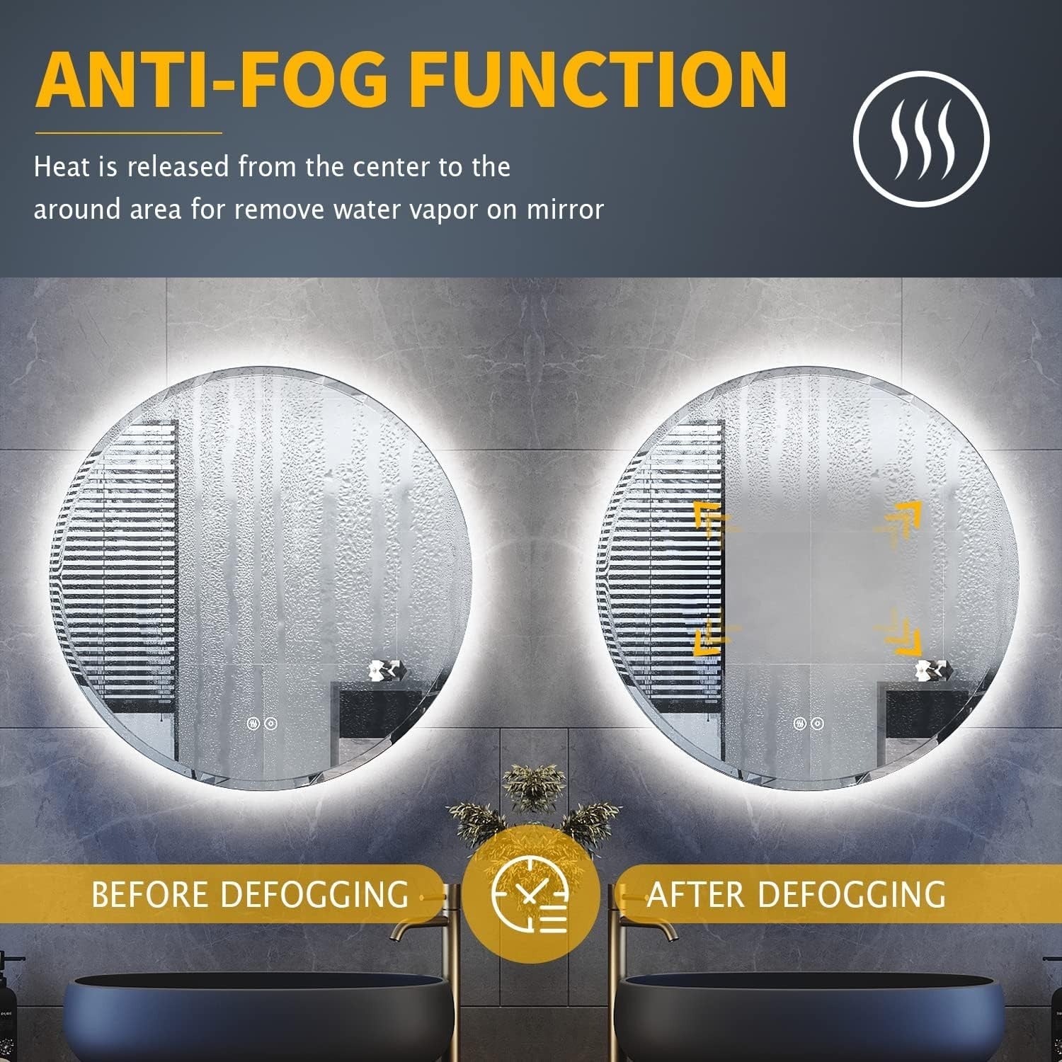 Round LED Bathroom Mirror 60cm Anti-Fog 3 Light Modes Wall Mounted Touch