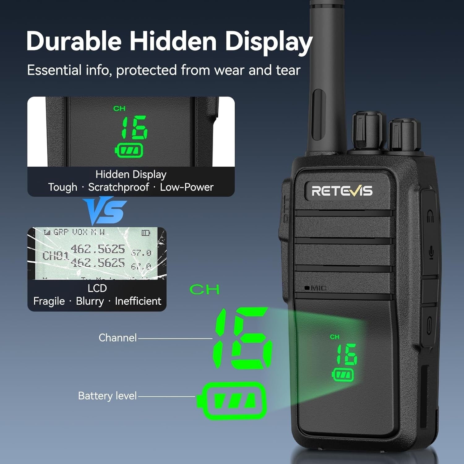 Rugged Walkie Talkies IP54 USB-C Hidden Screen Long Range 4 Pack