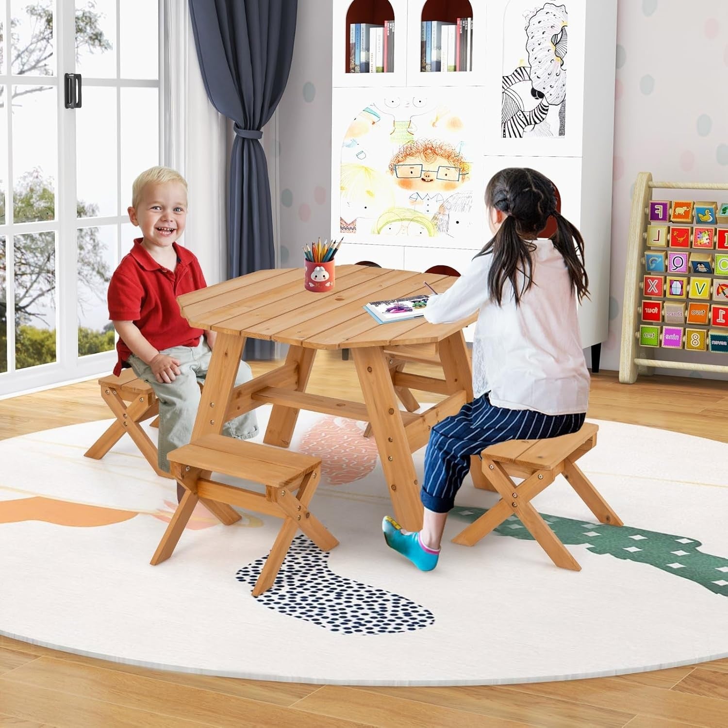 Wooden Kids Picnic Table Set with 4 Stools & Adjustable Umbrella Outdoor