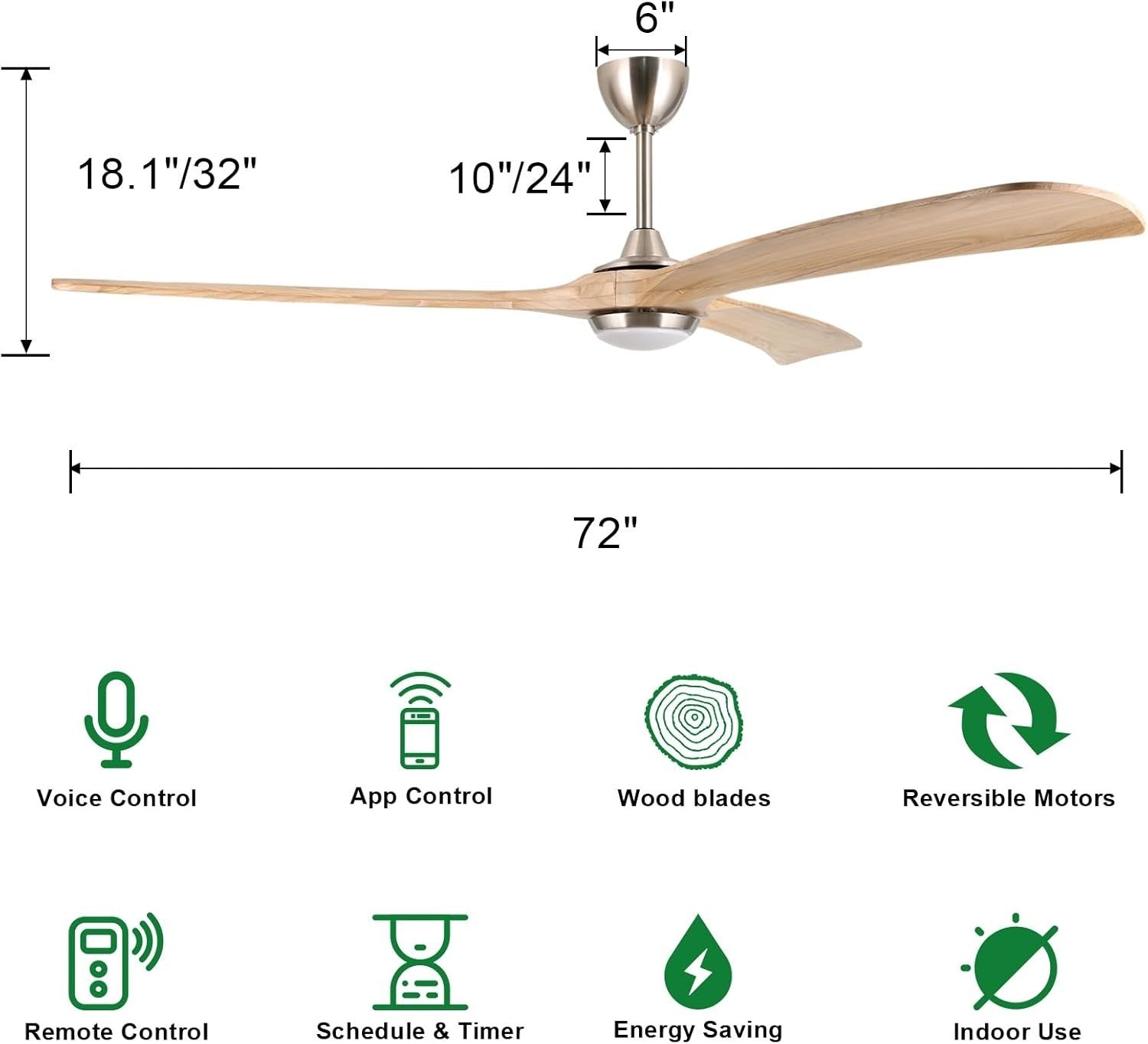 Ovlaim 183CM Smart WiFi Ceiling Fan with Light, 3 Wood Blades, Remote