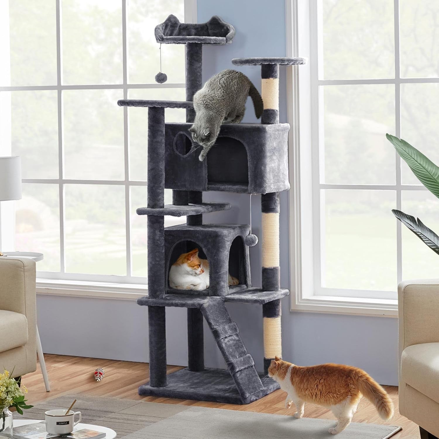 Tall Cat Tree 178cm Multi Level Scratching Tower with Caves Dark Grey