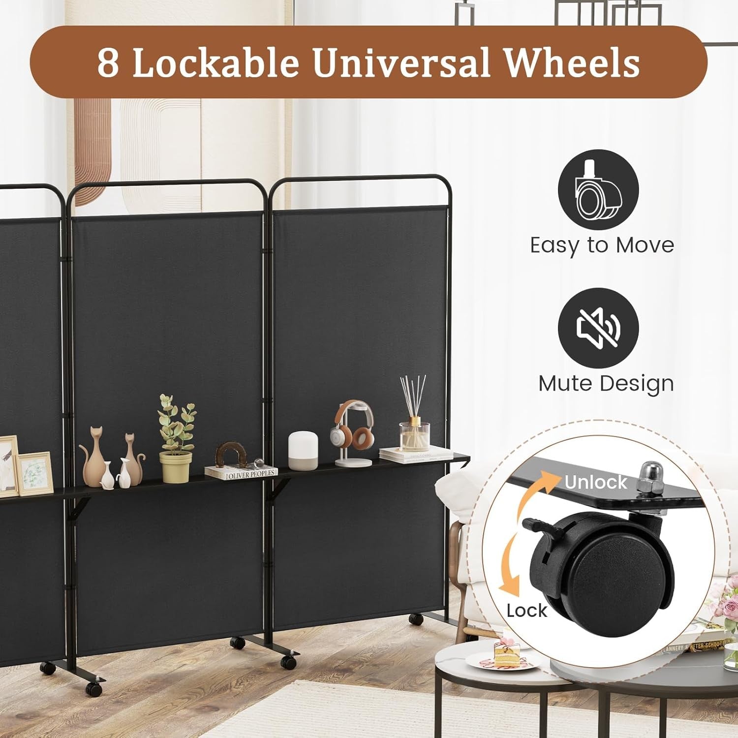 3 Panel Black Folding Room Divider with Shelves & Wheels Privacy Screen 188cm
