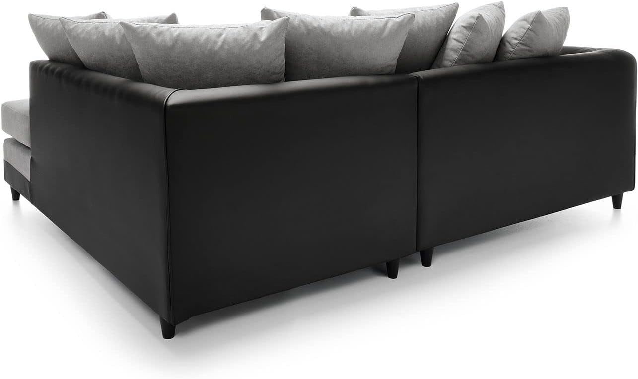 Modern Black L-Shaped Corner Sofa Sectional with Faux Leather & Chenille Comfort