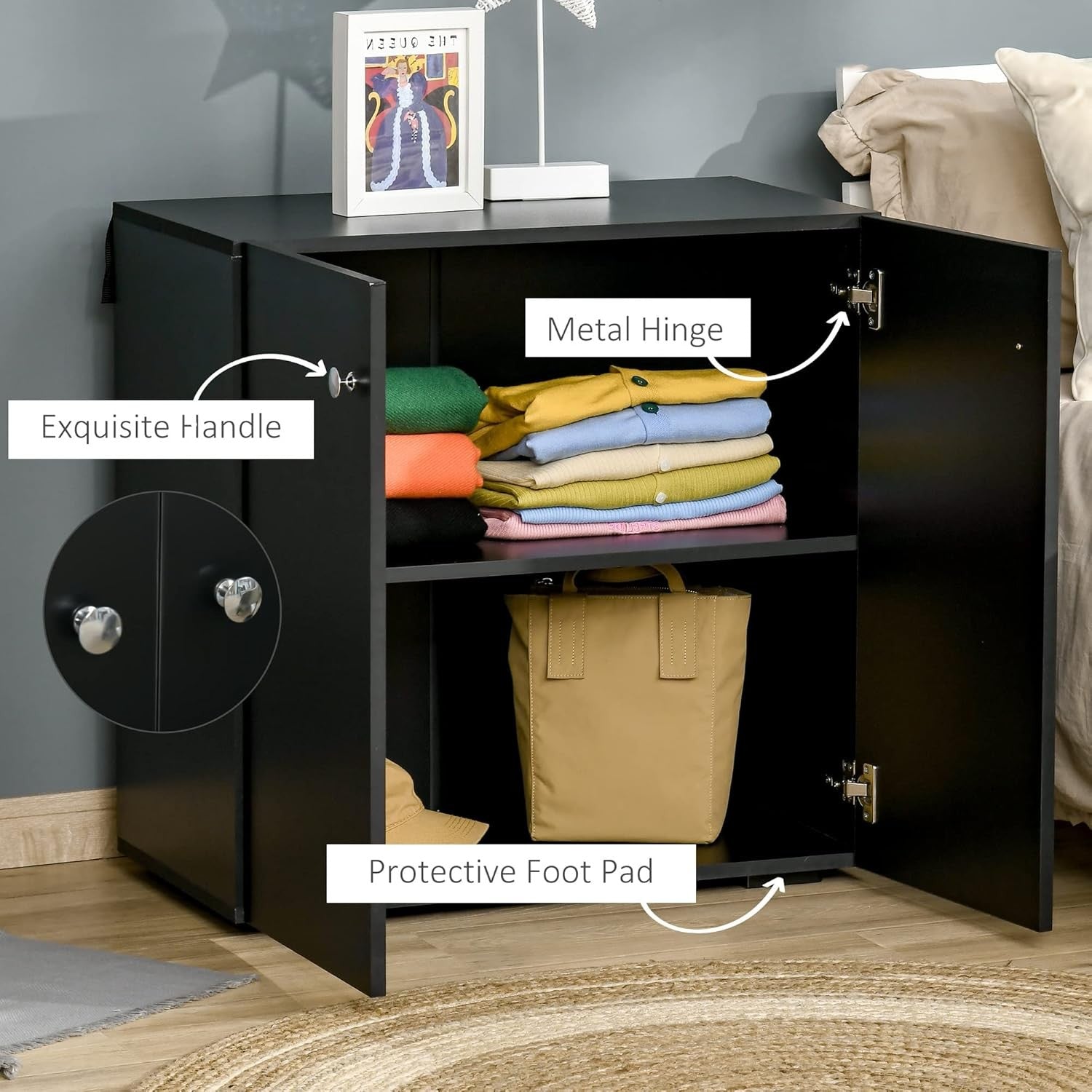 Modern Black Wooden Storage Cabinet 2 Door Sideboard Cupboard Bookcase