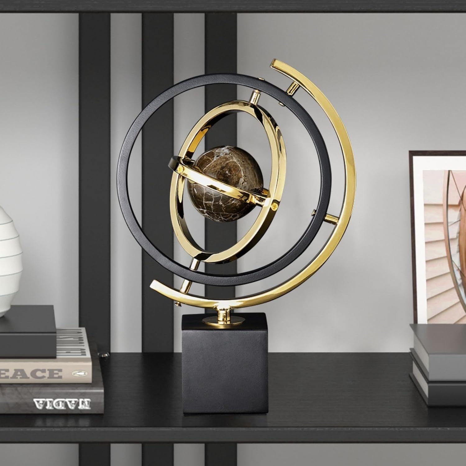 Modern Abstract Metal Globe Sculpture Ornament Luxury Art Deco Home Decor Black