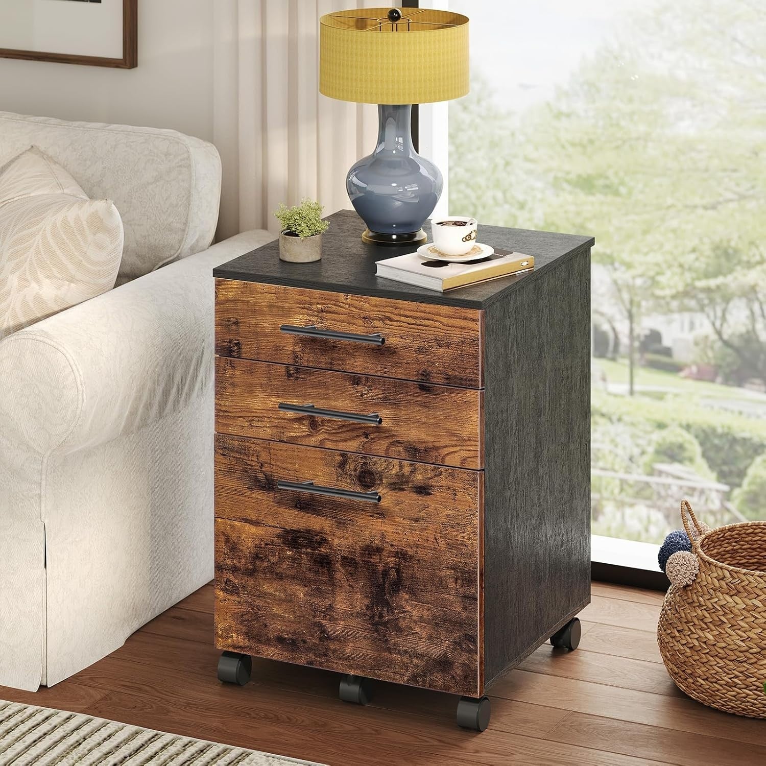 3 Drawer Mobile Filing Cabinet Rolling Office Storage Rustic Brown Black